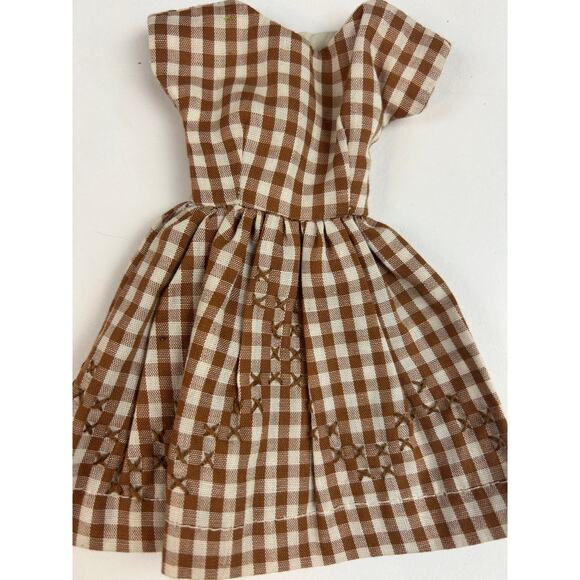 1960s Barbie clone brown gingham day dress, cutwork trim, 2-snap back, vtg - Picture 2 of 4